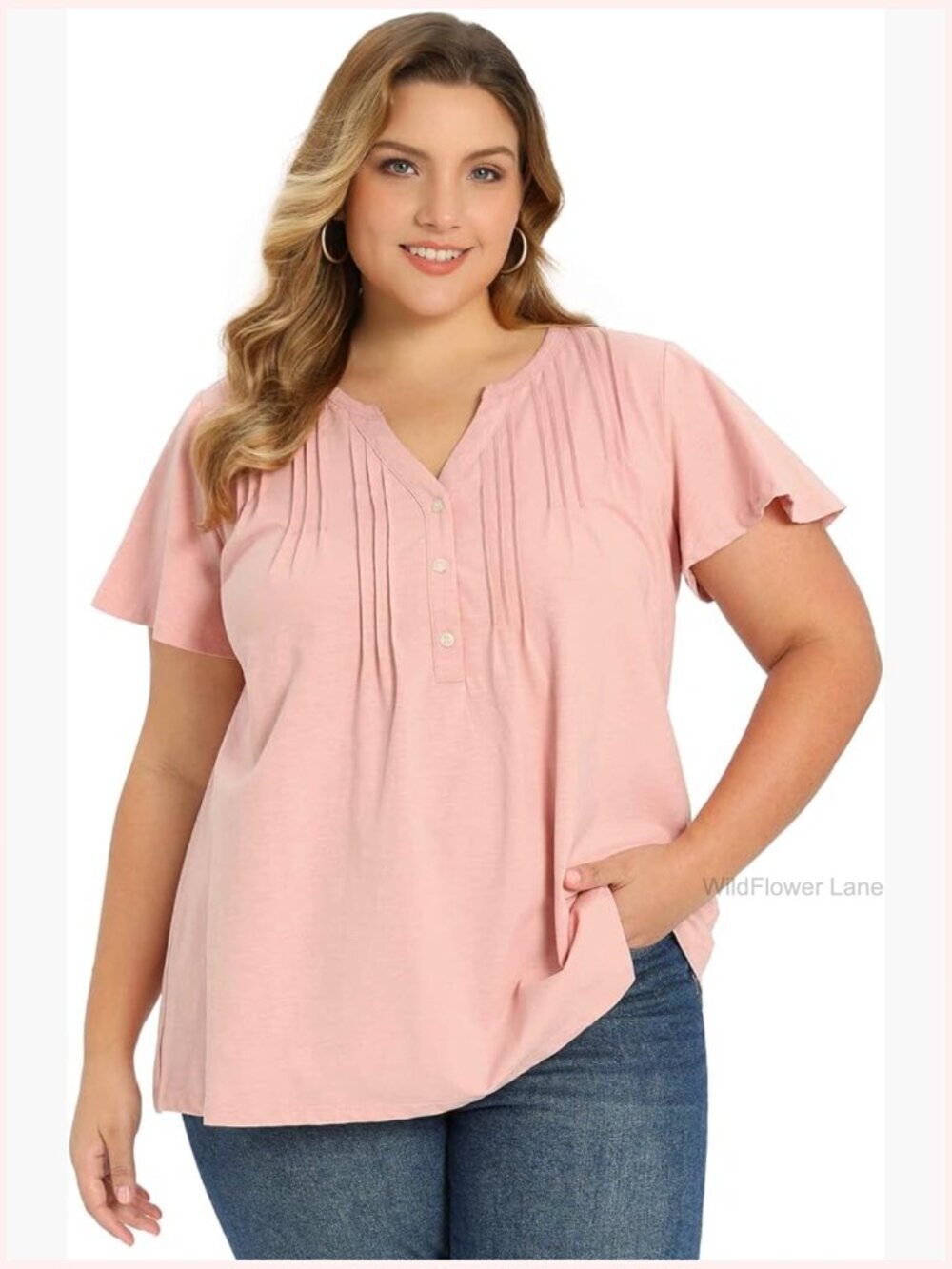 Plus Size Work Tunic Notch V Neck Ruffle Sleeve Blouse Top
